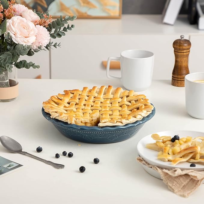 Fun Elements Pie Pan, 9 Inch Ceramic Pie Dish, Deep Dish Pie Pan with Lace Emboss, Ruffled Pie Plate for Baking, Thanksgiving Christmas Gifts(Grayish Blue)