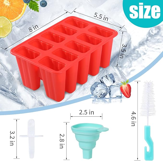 Popsicle Molds,Silicone Ice Pop Molds,BPA Free Popsicle Mold Reusable Easy Release Ice Pop Maker,Homemade Popsicle Mould with Silicone Funnel and Cleaning Brush (Red, 10 Cavities)