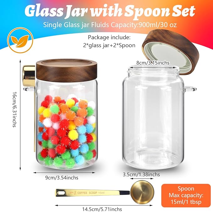 Glass Food Storage Jar with Lids Spoon Glass Coffee Canister Borosilicate Glass Food Containers for Ground Coffee Beans Nut Pasta Sugar Candy Spice Rice Tea (900ml/30oz-2 pack-with spoon)