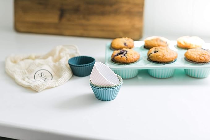 The Silicone Kitchen Reusable Silicone Baking Cup Silicone Muffin Liners for Cupcakes, BPA Free, Regular, 12 Pack, White Blue Green