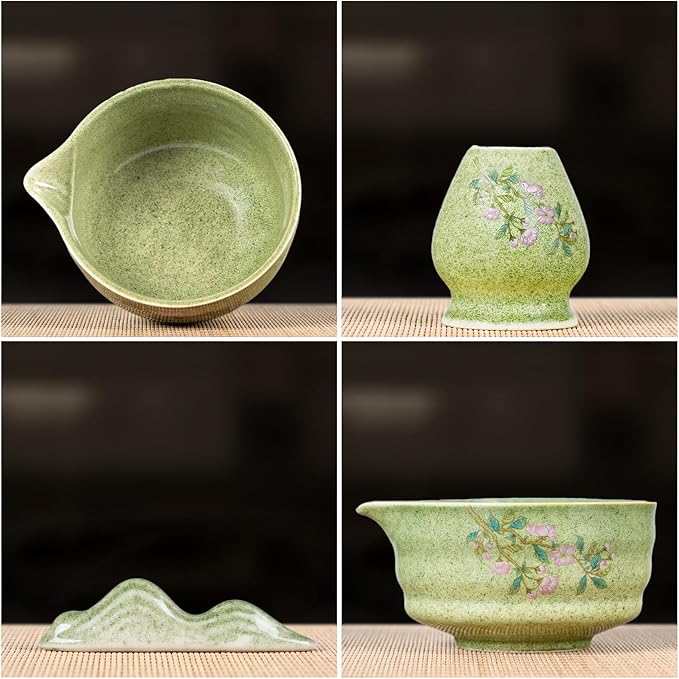 Matcha Whisk Set, 7-Piece Japanese Matcha Kit with Floral Ceramic Bowl & Holder, Natural Bamboo Matcha Whisk, Scoop, Large Bamboo Mat, Wooden Handle Sifter –Elegant Tea Ceremony Gift for Matcha Lovers