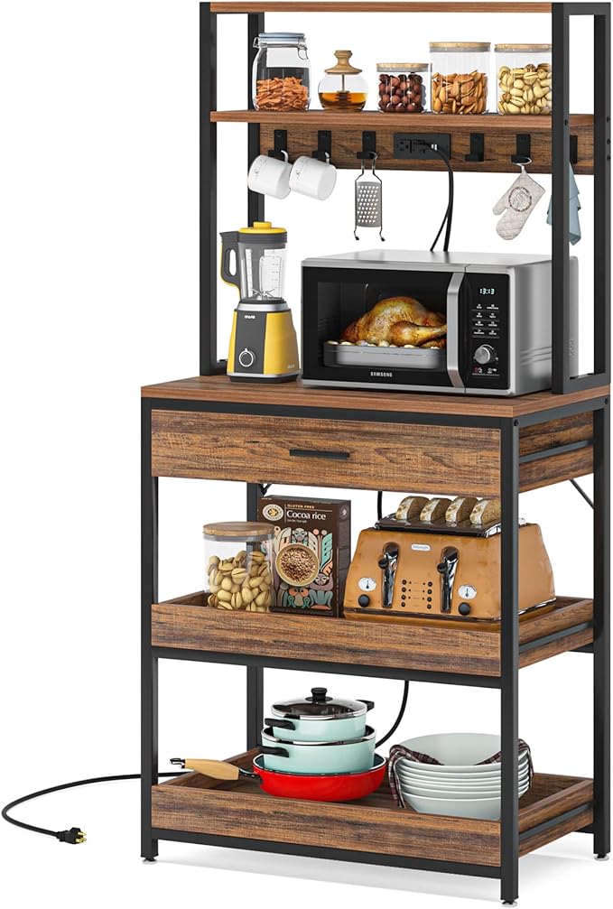 Tribesigns Kitchen Bakers Rack with Power Outlets, 5-Tier Microwave Oven Stand with Drawer and Sliding Shelves, Freestanding Coffee Bar, Kitchen Storage Shelf with 6 Hooks, Rustic Brown