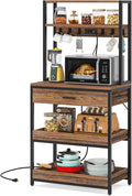 LITTLE TREE Kitchen Baker’s Rack with Power Outlets, Freestanding 5-Tier Microwave Stand with Drawers & Sliding Shelves, Coffee Bar with 6 Hooks for Dining Room Living Room, Rustic Brown