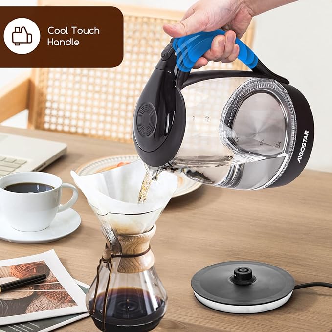 Aigostar Electric Kettle, 1500W Cordless Electric Tea and Hot Water Kettle with Filter, LED Illuminated, High Borosilicate Glass, No BPA, Auto Shutoff, Boil-Dry Protection, 360° Base, 1.7 Liter