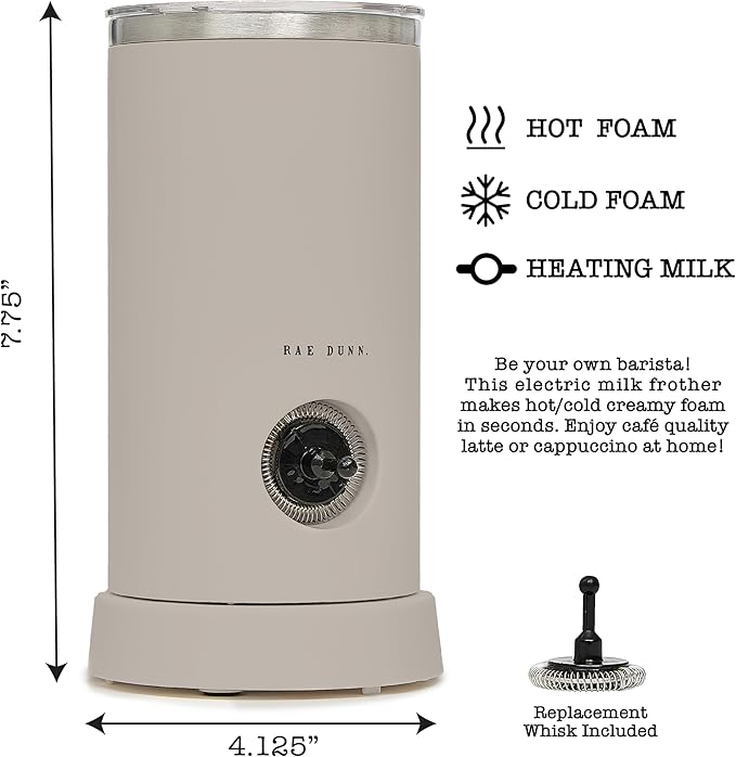 Rae Dunn Electric Milk Frother Steamer -Stylish Automatic Milk Steamer and Frother, Milk Warmer, Hot and Cold Foam Maker for Coffee, Latte, Cappuccino, Macchiato - 550 Watt (Sand)