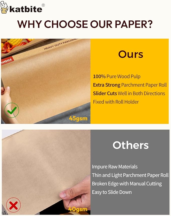 Unbleached Parchment Paper Roll for Baking 12in x 262ft, 260 Sq.Ft, Heavy Duty & Non-stick Baking Paper with Slide Cutter, Brown Parchment Paper for Cooking, Air Fryer, Steaming, Bread
