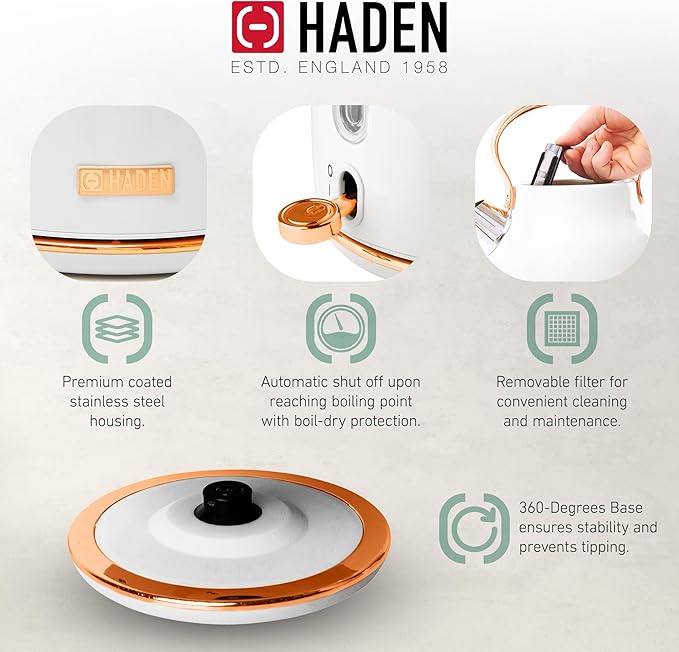 HADEN Coffee Machine, 12 Cup Drip Coffee Maker Bundled with Heritage 1.7 Liter Stainless Steel Electric Kettle, Ivory & Copper