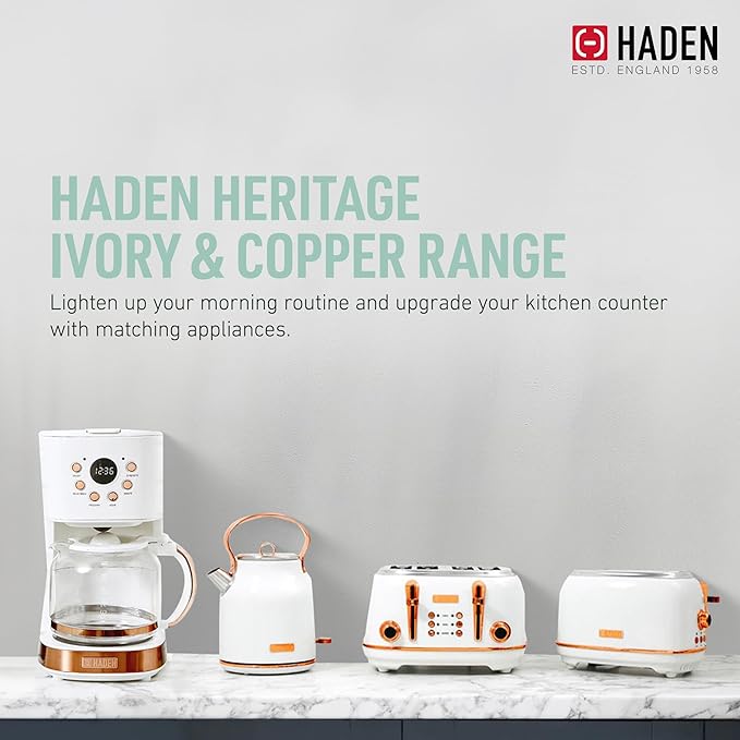 Haden Heritage 4 Slice Wide Slot Stainless Steel Toaster Bundled with 1.7 Liter Stainless Steel Electric Water Kettle, Ivory & Copper