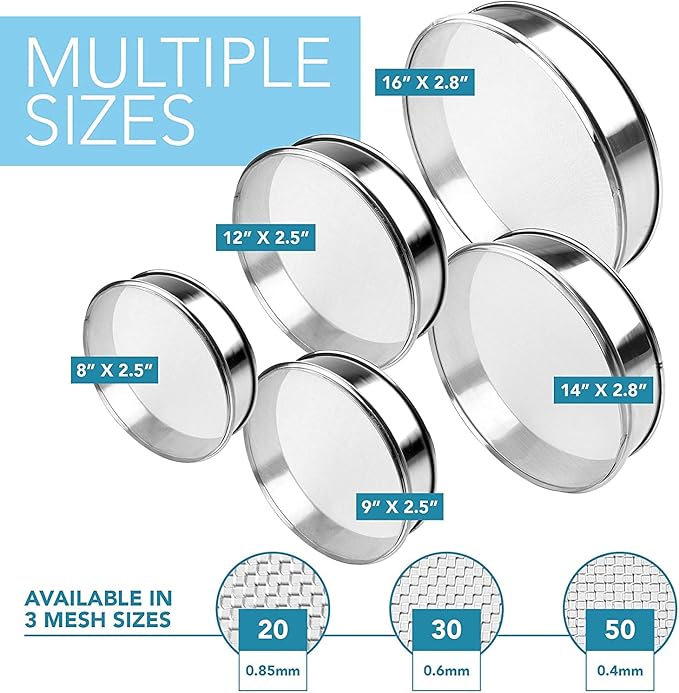 Stainless Steel Flour Sifter Fine Mesh Round Flour Sieve for Baking 12" Diameter x 2.5" High; 20 Mesh (Hole Size 0.85mm)