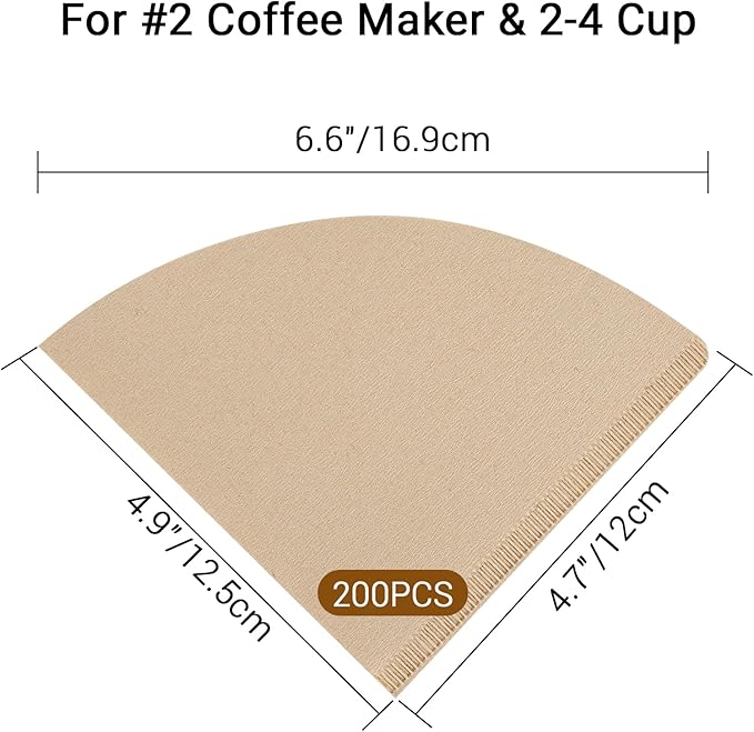 Segarty #2 Cone Coffee Filters, 200 Count Pack Size 2-4 Cup Natural Unbleached Brown Disposable Coffee Filters Paper for Pour Over Coffee Maker