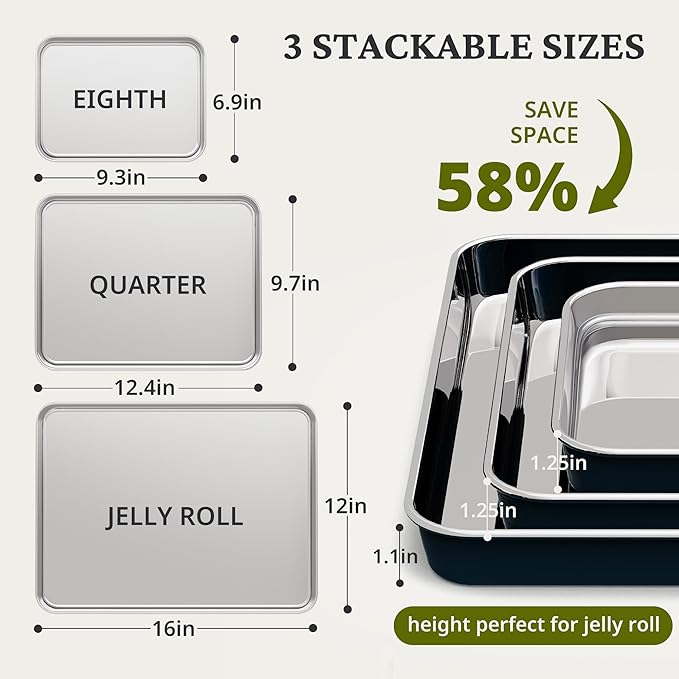 BRONYPRO Stainless Steel Baking Sheet Pan Set of 3, Cookie Sheets 9/12/16 In, Non-Toxic Uncoated Interior (PFOA & PTFE Free), Solid Warp-Resistant Cooking Trays for Oven & Toaster, Navy Exterior