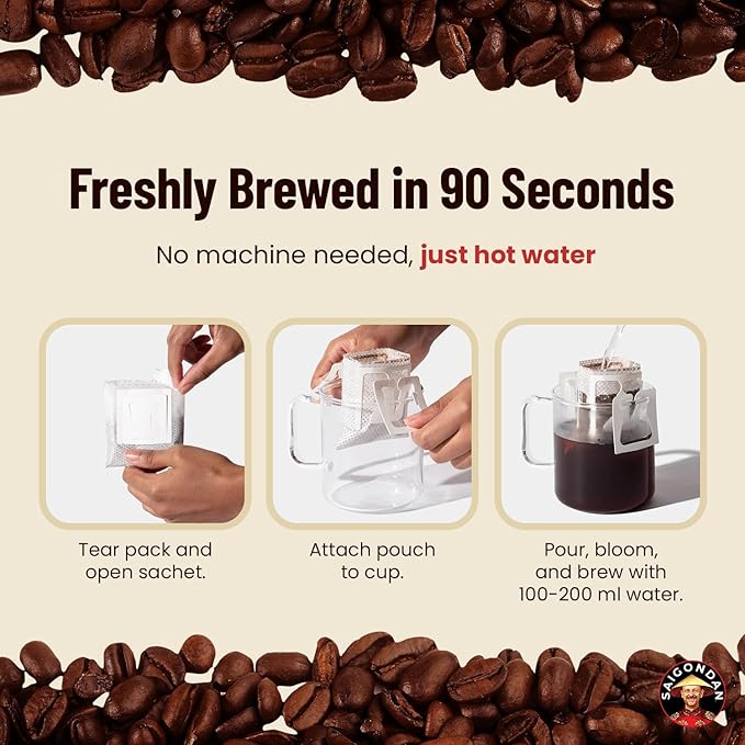 Pour Over Vietnamese Coffee – Saigondan Mindful | Dark Roast | Robusta & Arabica Blend | Instant Specialty Coffee | Small Batch Roasted | Direct Trade | 18 Sachets