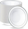 BESTVIP 100 Pack Plastic Disposable Soup Bowls, 12 oz White Dessert Bowls with Silver Rim, Heavy-duty Salad Bowl for Party, Wedding, Christmas, Thanksgiving, Dinner, Catering