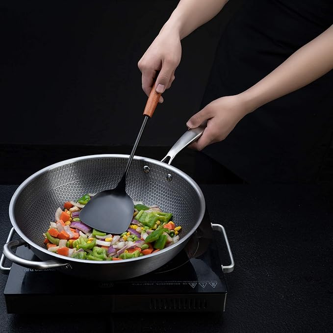 FJNATINH 304 Stainless Steel Kitchen Utensil Sets - 6 PCS Wok Spatula Sets Cooking Utensil Tools Spatula, Soup Ladle, Skimmer Spoon, Slotted Spatula Tunner, Spaghetti Spoon, Large Spoon