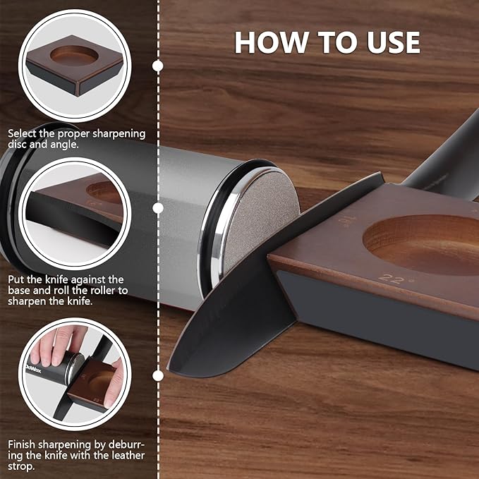 Longer Rolling Knife Sharpener with Leather Strop, Upgraded Rolling Knife Sharpening with 4 Degree Angle and 4PCS Replaceable Honing Discs, Easy to Sharpen Ktichen Knives, Silver