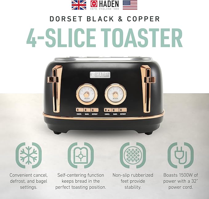 Haden Dorset 4 Slice Wide Slot Stainless Steel Toaster with Adjustable Browning Control & Non-Slip Feet, Black & Copper