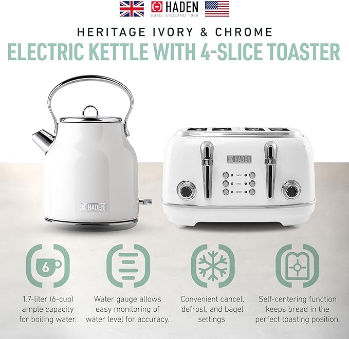 Haden Heritage Stainless Steel Body Retro Electric Tea Kettle, White and Haden Heritage 4 Slice Wide Slot Stainless Steel Retro Toaster, White