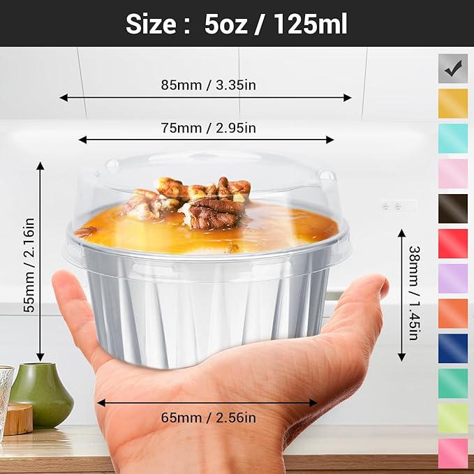 EUSOAR Foil Ramekins with Lids, 5oz 100pcs Aluminum Foil Cupcake Liners, Muffin Liners Cups with Lids, Cupcake Baking Cups Holders Cases Boxes Pans