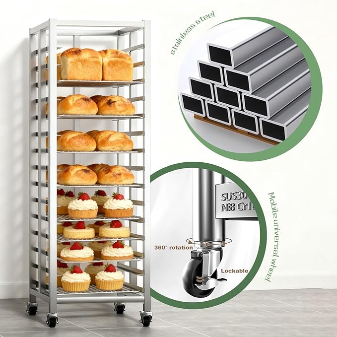 Bun Pan Rack, Commercial Bakery Sheet Rack with Brake Wheels, 30-Tier Stainless Steel Baking Tray Food cart ，for Bakeries Restaurant & Catering（Trays Not Included） ﻿ (30 Tier)