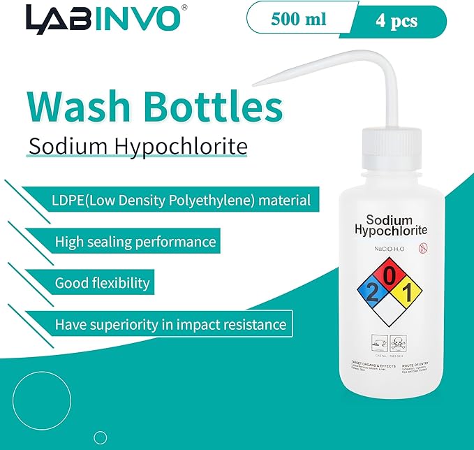 4pcs of Sodium Hypochloride Wash Bottles, Vol.500ml (17oz), Narrow Mouth, Self-Venting Safety Wash Bottles, LDPE Material, IN-WBS500