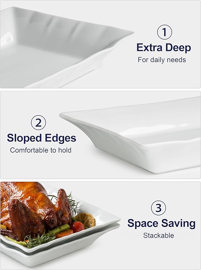 YHOSSEUN Turkey Platters for entertaining Serving Bowls Set of 2, Ceramic Serving Dishes for Thanksgiving, White Serving Platter for Turkey, Rectangular Baking Dishes and Roasting Pan