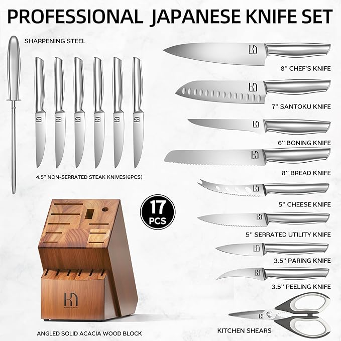 Kitchen Knife Set with Block 17 Pcs, Knife Block Set, Japanese High Carbon Stainless Steel Knives Set for Kitchen with Sharpener, Razor Sharp Premium Block Knife Sets
