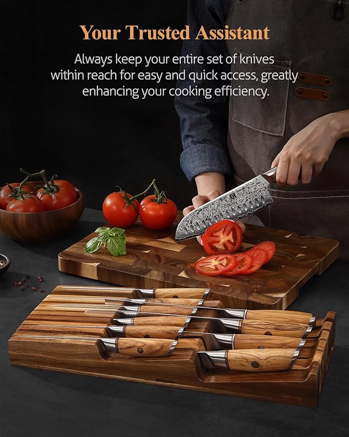 XINZUO In-drawer Knife Block, Natural Acacia Knife Drawer Oganizer, Insert-Kitchen Storage Holder, 11 Slots, Holds up to 11 Various Size Knives, Countertop Saving&Knife Protective