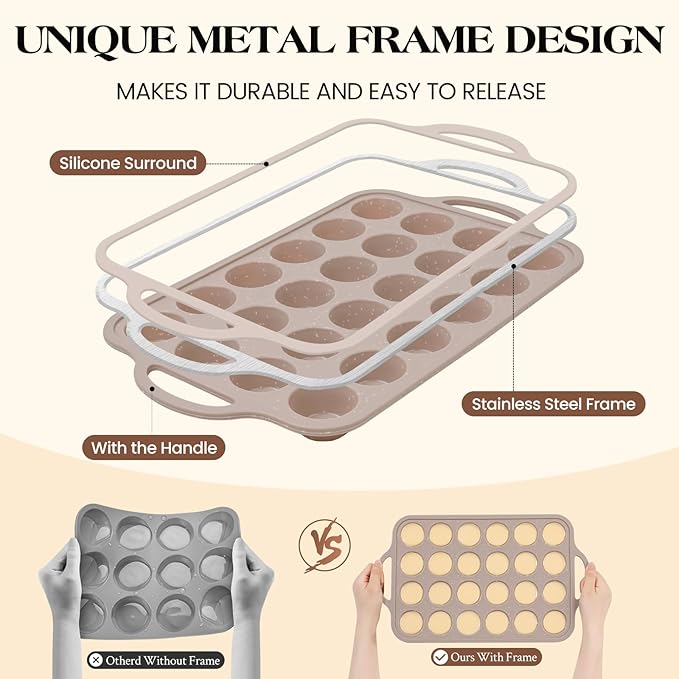 Vinino Mini Silicone Muffin Pans for Baking with Metal Reinforced Frame, 24 Cups Brown Regular Size Nonstick Cupcake Pan, BPA Free Oven Dishwasher Safe Baking Mold for Muffins Cupcakes