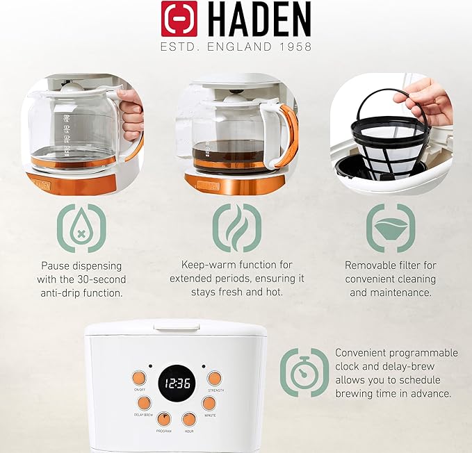HADEN Coffee Machine, 12 Cup Drip Coffee Maker Bundled with Heritage 1.7 Liter Stainless Steel Electric Kettle, Ivory & Copper