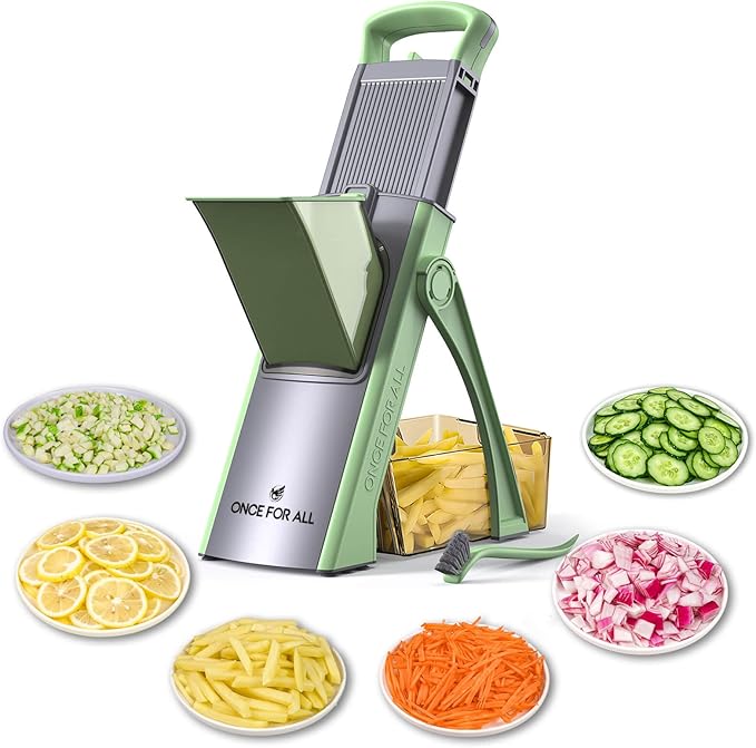 ONCE FOR ALL Upgrade Safe Mandoline Slicer Plus, Adjustable Vegetable Food Chopper Potato Fries French Fry Cutter, Detachable Blade, Kitchen Chopping Artifact, New Kitchen Gift JS03 Green