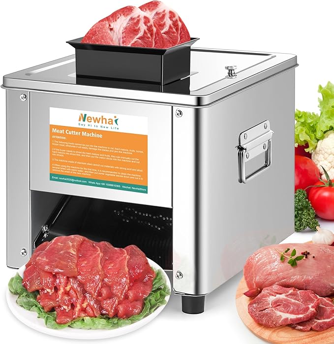 Newhai 850W Meat Cutter Machine 5mm Electric Meat Slicer Shredded Cutting Machine Stainless Steel 330lb/h for Boneless Pork Chicken Fish for Family Commercial Use (Meat thickness: 5mm)