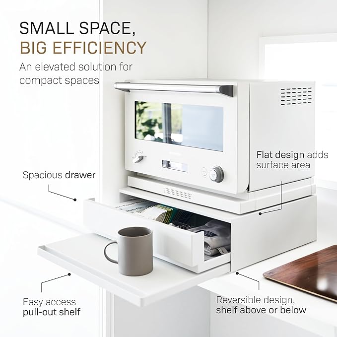 YAMAZAKI Home Tower Kitchen Countertop Organizer Appliance Stand with Drawer and Pull-Out Shelf – Steel Microwave Stand with Drawer, Modern Countertop Shelf Organizer, White, Space-Saving Design