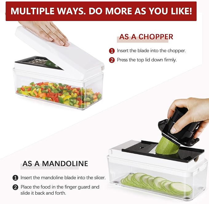 Vegetable Chopper, Onion Chopper Dicer, Mandoline Slicer, Food Chopper with Container, Vegetable Cutter for Salad Potato Carrot Garlic（9 Blades, White Black）