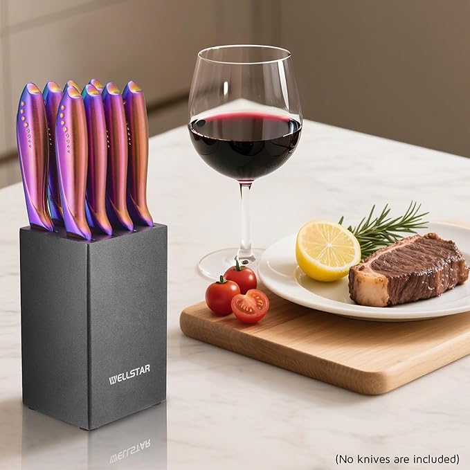 WELLSTAR 5-Inch Steak Knife Holder Only– Wooden Knife Block with 8 Slots (No Knives Included) – Compact, Space-Saving Design for 5" Steak Knives – Sturdy Wood Storage Organizer