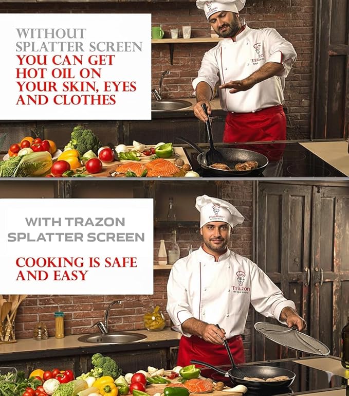 Grease Splatter Screen for Frying Pan 13 inch - Stops 99% of Hot Oil Splash - Protects Skin from Burns - Splatter Guard for Cooking - Iron Skillet Lid Keeps Kitchen Clean, includes Silicone Spatula