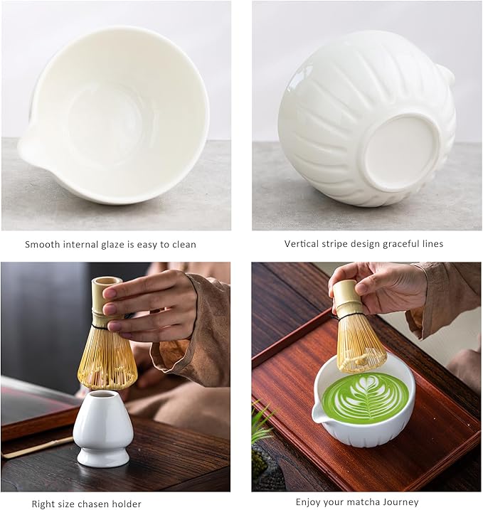 TANG PIN Matcha Set - Match Bowl and Whisk,15 OZ, Matcha Scoop | Matcha Whisk Stand (Chasen Holder) - 4pc Perfect Matcha Kit for Matcha Tea Ceremony (White)