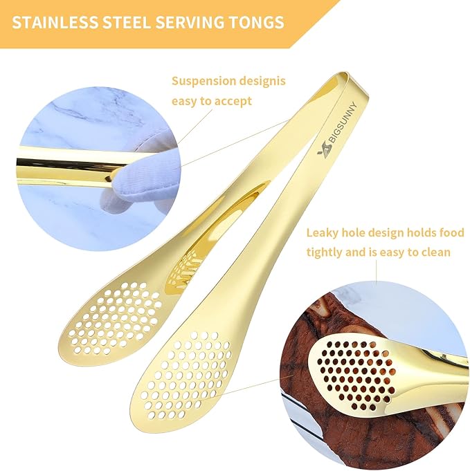 MSY BIGSUNNY 2 Pack Buffet Tongs, Gold-plated Stainless Steel Food Tongs Serving Tong