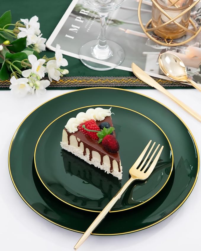 PULOTE 60PCS Green Plastic Plates - Heavy Duty Green Disposable Include 30 Each (10 inch Dinner & 7 inch Dessert) Plates, Ideal for Party & Christmas