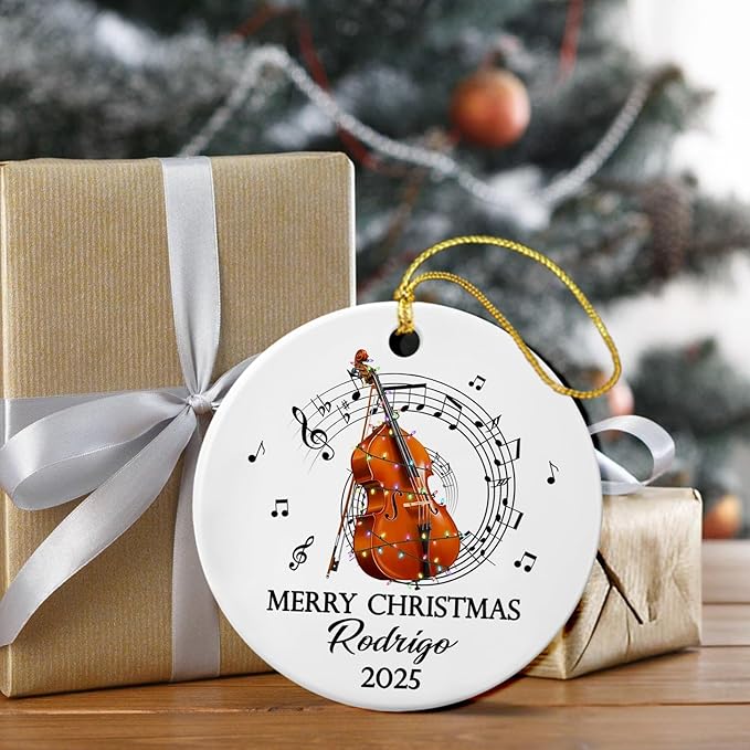 Unique Contrabass Instrument Ceramic Ornament, Customized Text Year Name Contrabassist Ornaments Gift for Women Men Contrabass Player/Lover, Personalized Double Bassist Musical Ceramic Xmas Ornament