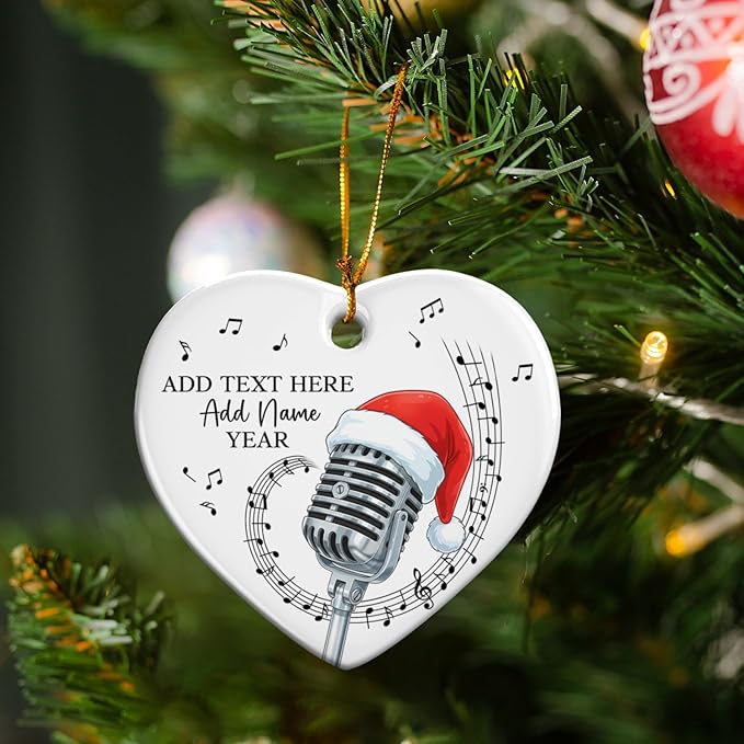 Personalized Microphone Xmas Ceramic Ornament, Recording Vocals Microphone Christmas Tree Ornaments 2025, Custom Text Name & Year Vocalist Xmas Ornament, Gift for Singer Vocalist Music Lover