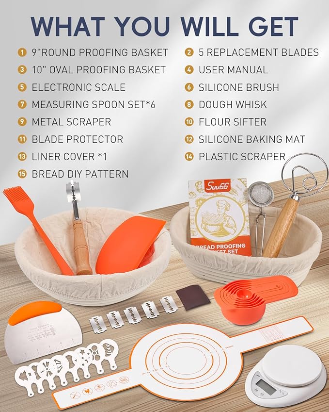 30-Pcs Sourdough Bread Baking Supplies - Sourdough Starter Kit | Including 9 inch Round and 10 inch Oval Banneton Proofing Basket，Precision Measuring Spoons，Electronic scales