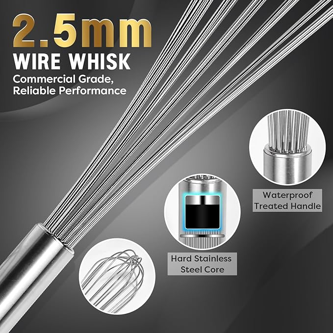 Webake Commercial Whisk Heavy Duty 17in Large Whisk, 304 Stainless Steel Whisks for Mixing, Beating, Blending, Professional Kitchen Tools