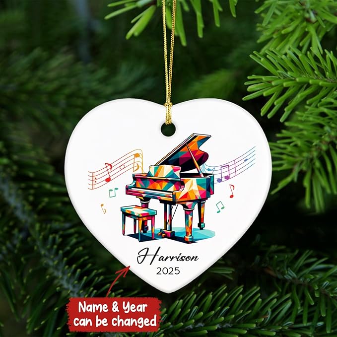 Piano Xmas Tree Ceramic Ornament Gifts for Music Lovers, Personalized Name & Year Piano Player Ornaments 2025, Pianist Ceramic Ornament Christmas Hanging, Custom Musical Instrument Ornaments Decor