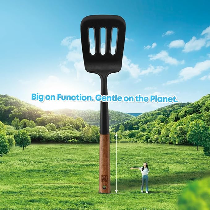 Silicone Slotted Large Spatula: Cooking Turner with Wooden Handle for Flipping and Lifting, Heat Resistant Cookware, BPA Free, Protects Surfaces with Gentle Head Design