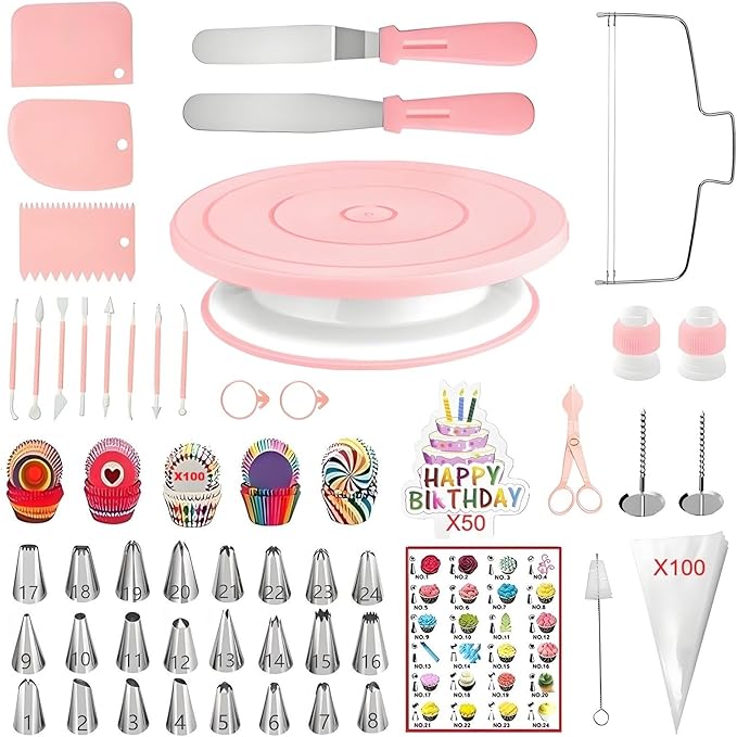 298 Pcs Cake Decorating Kit with Cake Turntable,Cake Leveler,24 Numbered Icing Tips,2 Spatulas,3 Comb Scrapers,8 Carved Pens,100 Pastry Bags,100 Paper Cupcake Liners, (Pink)