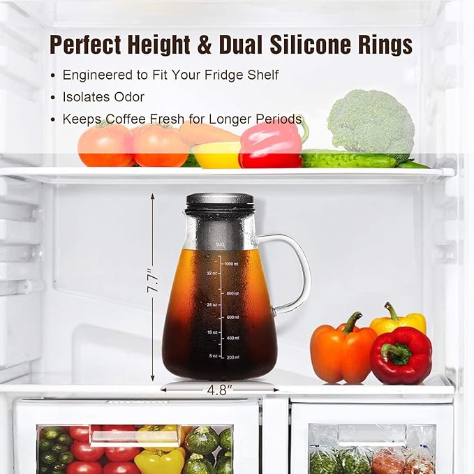 Cold Brew Iced Coffee Maker 34oz, Brewed Coffee Pot with Removable Double Mesh 304 Stainless Steel Filter, BPA-Free Cold Brew Pitcher Glass Container, Tea Maker