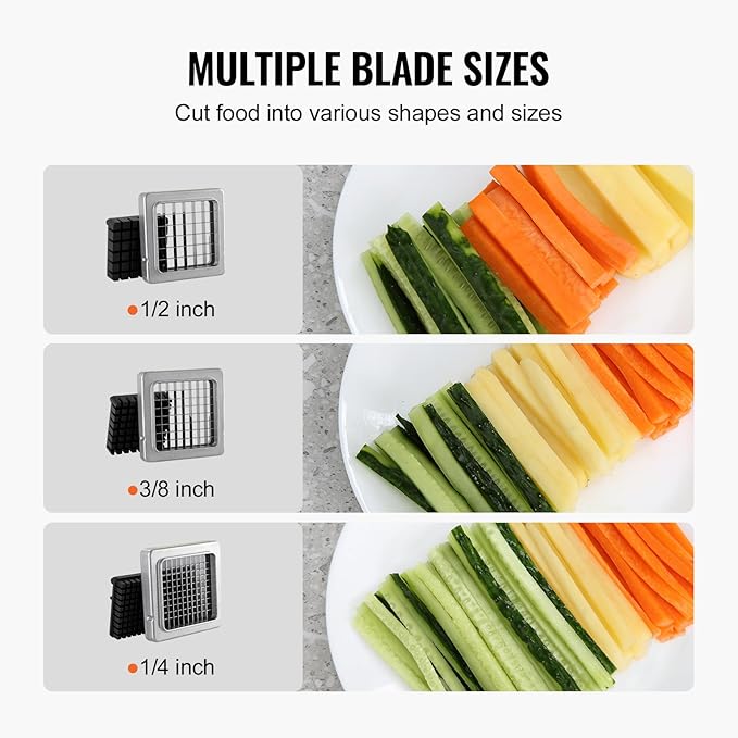 VEVOR French Fry Cutter, Potato Slicer with 1/2", "3/8", "1/4 Stainless Steel Blades, Manual Potato Cutter Chopper with Suction Cups, Great for Potato, French Fries, Cucumber, Vegetables, Carrot