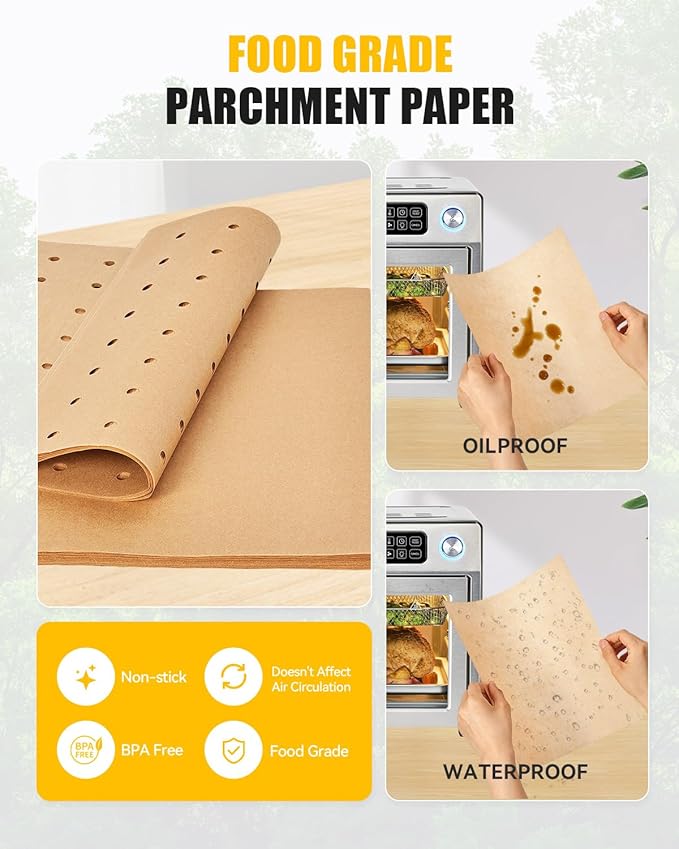 154PCs Paper Liners Compatible with Emeril Lagasse 26QT Extra Large Air Fryer Toaster Oven Accessories,100PCs Unbleached Parchment Paper,50PCs Disposable Liners with Holes, 4PCs Reusable Baking Mats