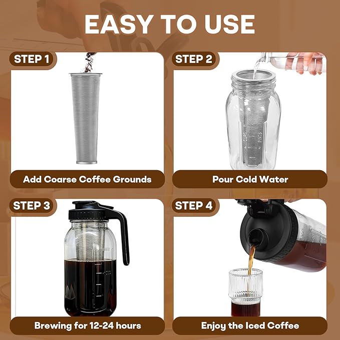 64oz Mason Jar Cold Brew Coffee Pitcher with Stainless Steel Filter & Pour Spout Lid – Airtight Glass Iced Coffee Maker for Tea, Lemonade, Juice – Easy Clean & BPA-Free (1.9L)