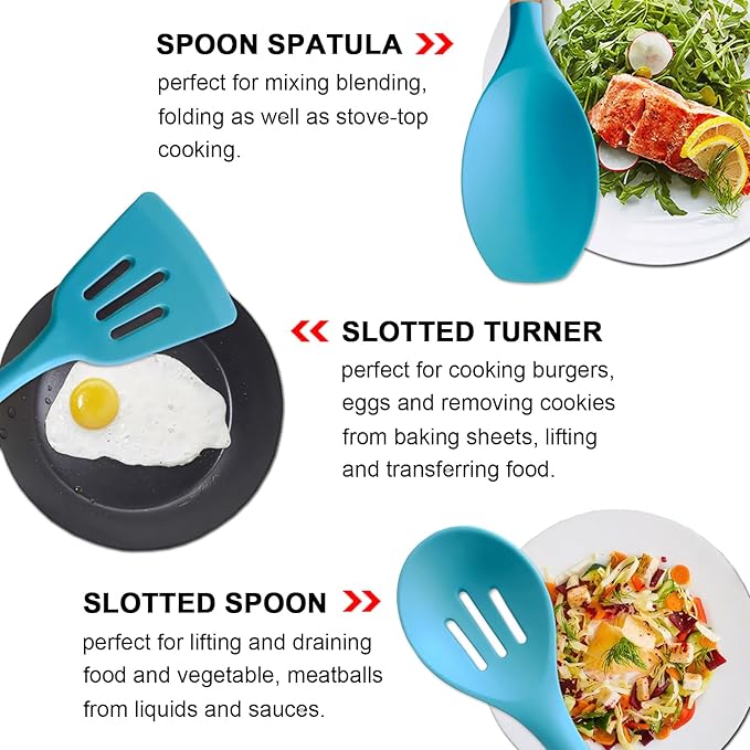 Kitchen Utensils Set 6-Piece Non-Stick Silicone Cooking Utensils Set, Wood Handle Heat Resistant Spatula Spoon Turner Ladle Pasta Server Cooking Kitchen Gadgets BPA Free for Nonstick Cookware